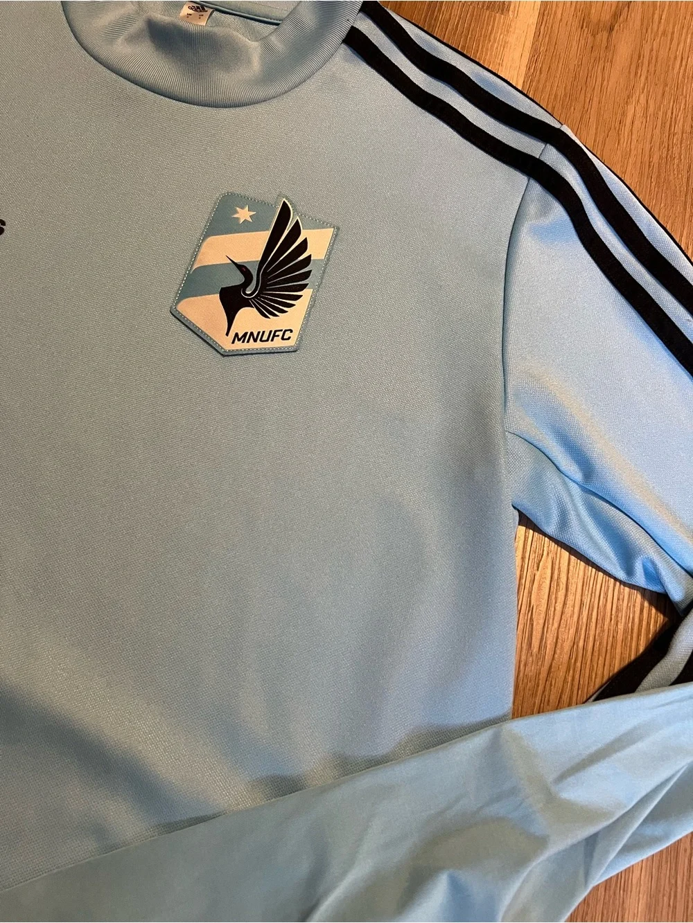 Adidas Light Blue MNFC Long-Sleeve Training Jersey with navy Accents Sz small